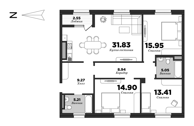 NEVA HAUS, 3 bedrooms, 105.84 m² | planning of elite apartments in St. Petersburg | М16